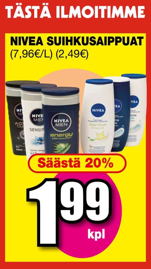 Värikäs mainosjuliste esittelee nivea -tuotteita rivissä, suuria mustia tekstejä 'nivea' ja 'säästä 20%', sekä ison numeron '199 kpl' alareunassa. | säästötalo latvala
